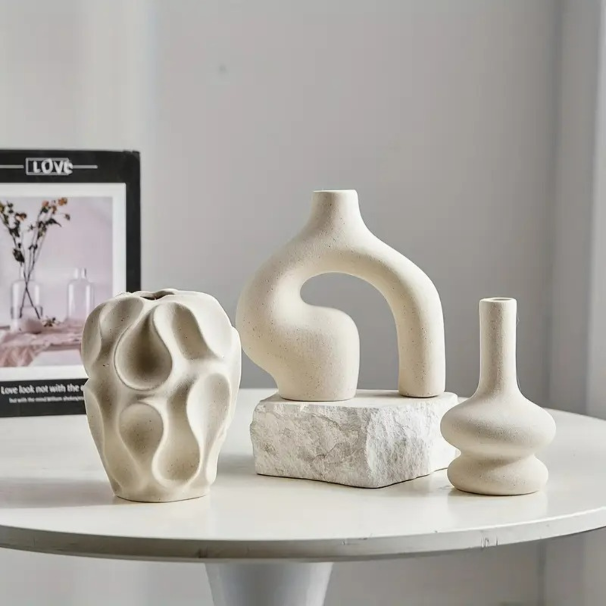 3-delige Boho Vaasenset – Keramiek – Ronde & Donutvorm – Minimalistisch Scandinavisch Design