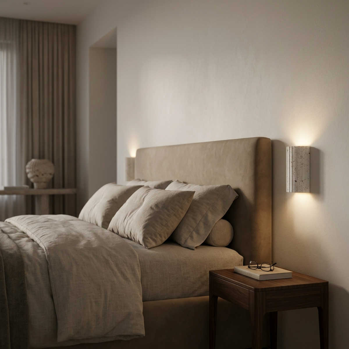 Geribbelde travertijn wandlamp met warm up-and-down licht aan de muur