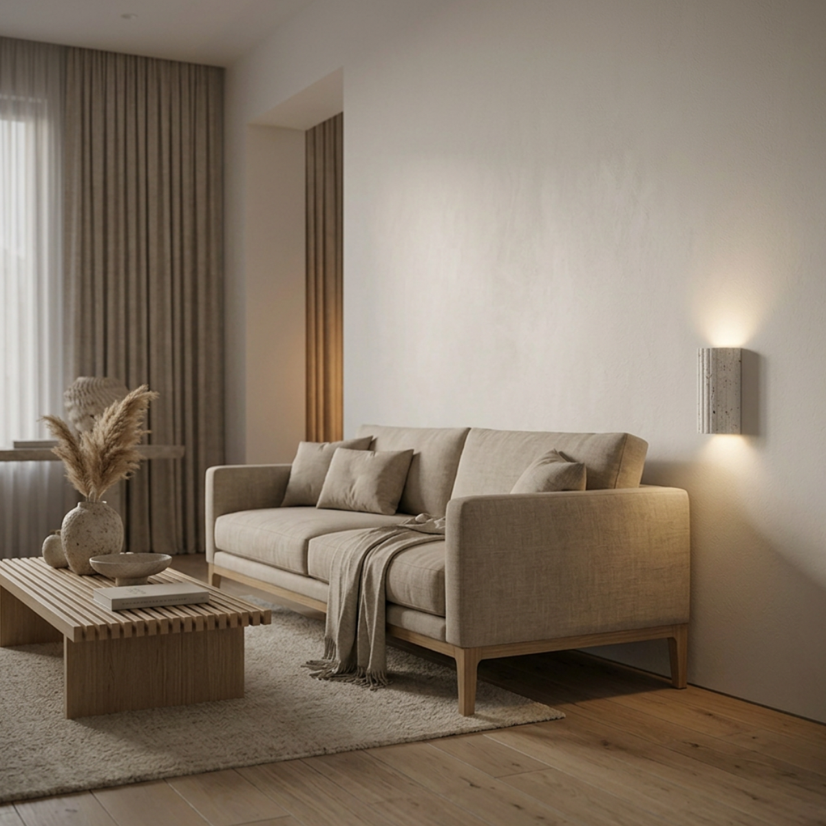 Travertijn wandlamp als sfeerverlichting in natuurlijk interieur