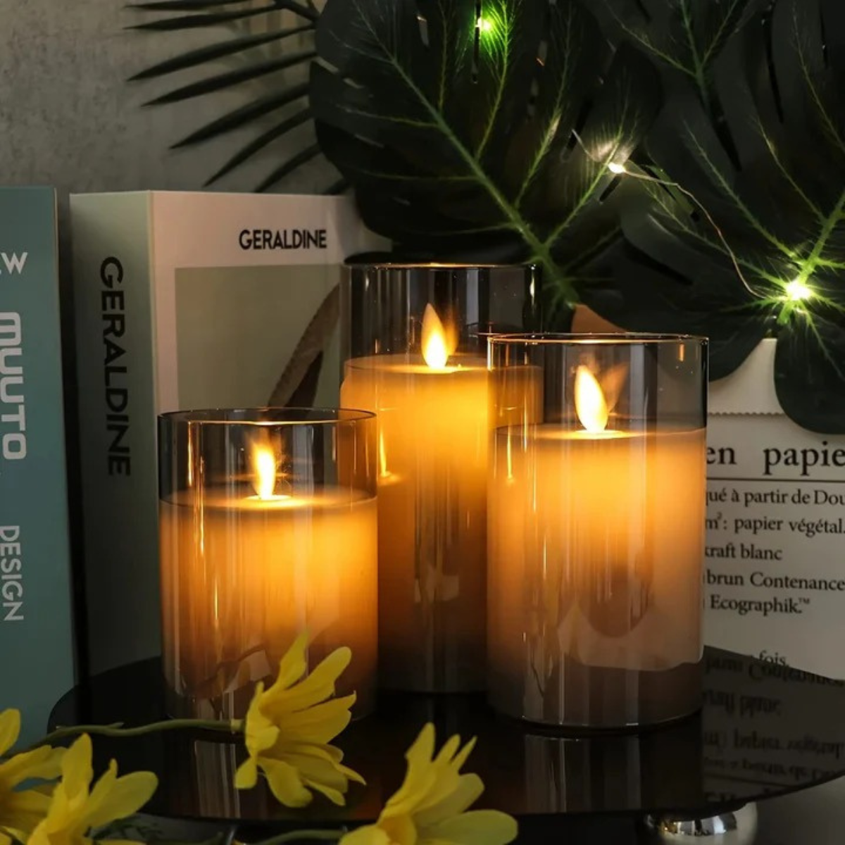 Set van 3 LED-kaarsen – Gerookt glas - Met Afstandsbediening & Timer