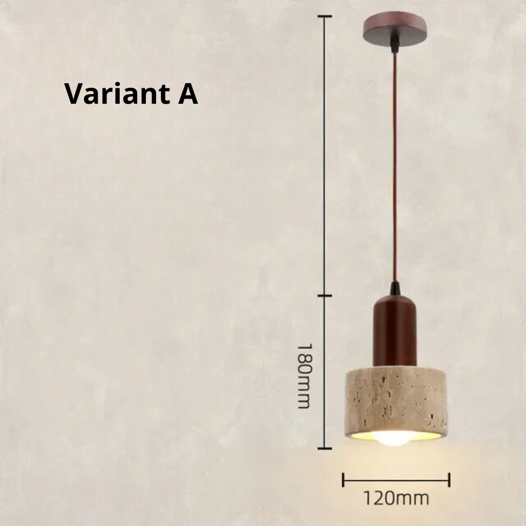 Travertin hanglamp detail natuursteen en houtafwerking