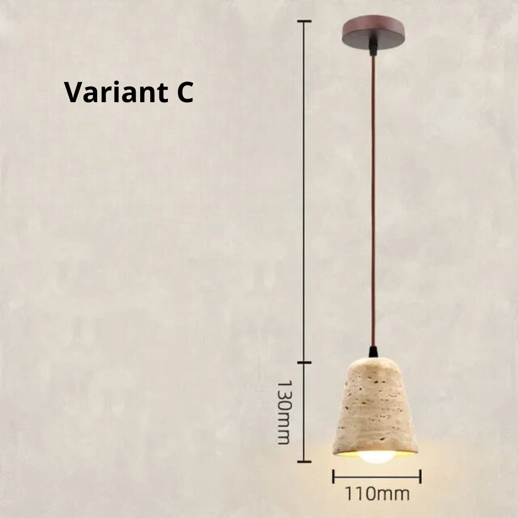 Travertin hanglamp warm licht boven eethoek