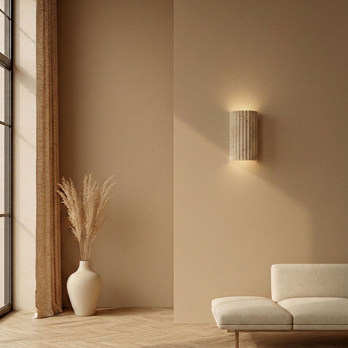 Travertijn Wandlamp — Geribbeld wit met geintegreerde-LED