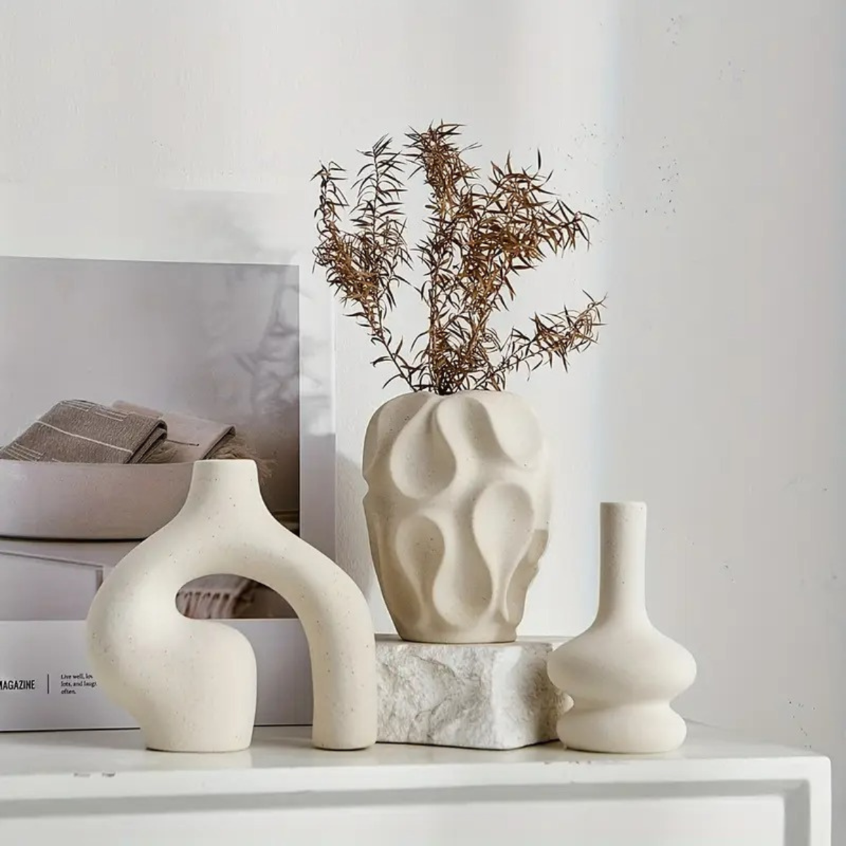 3-delige Boho Vaasenset – Keramiek – Ronde & Donutvorm – Minimalistisch Scandinavisch Design