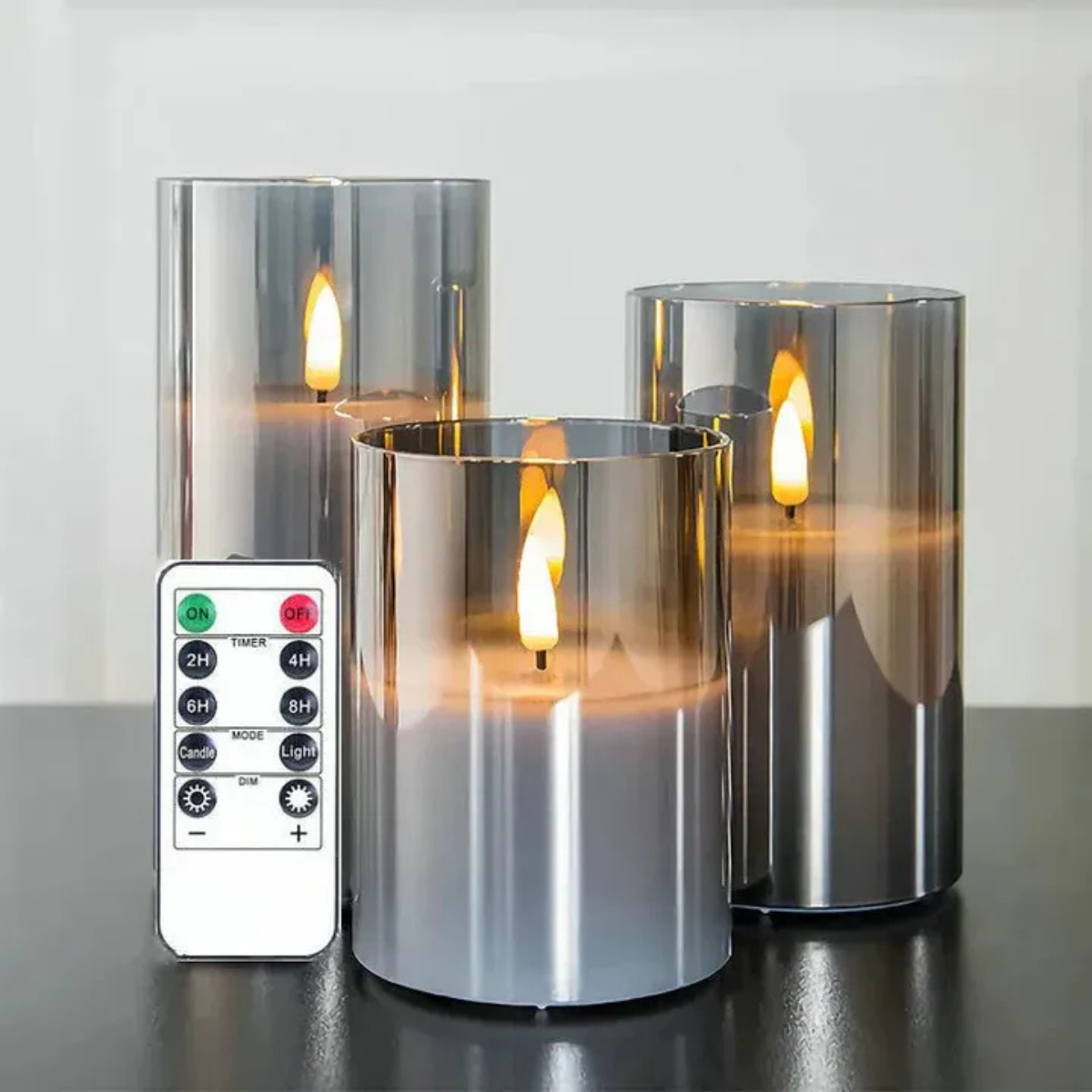 Set van 3 LED-kaarsen – Gerookt glas - Met Afstandsbediening & Timer
