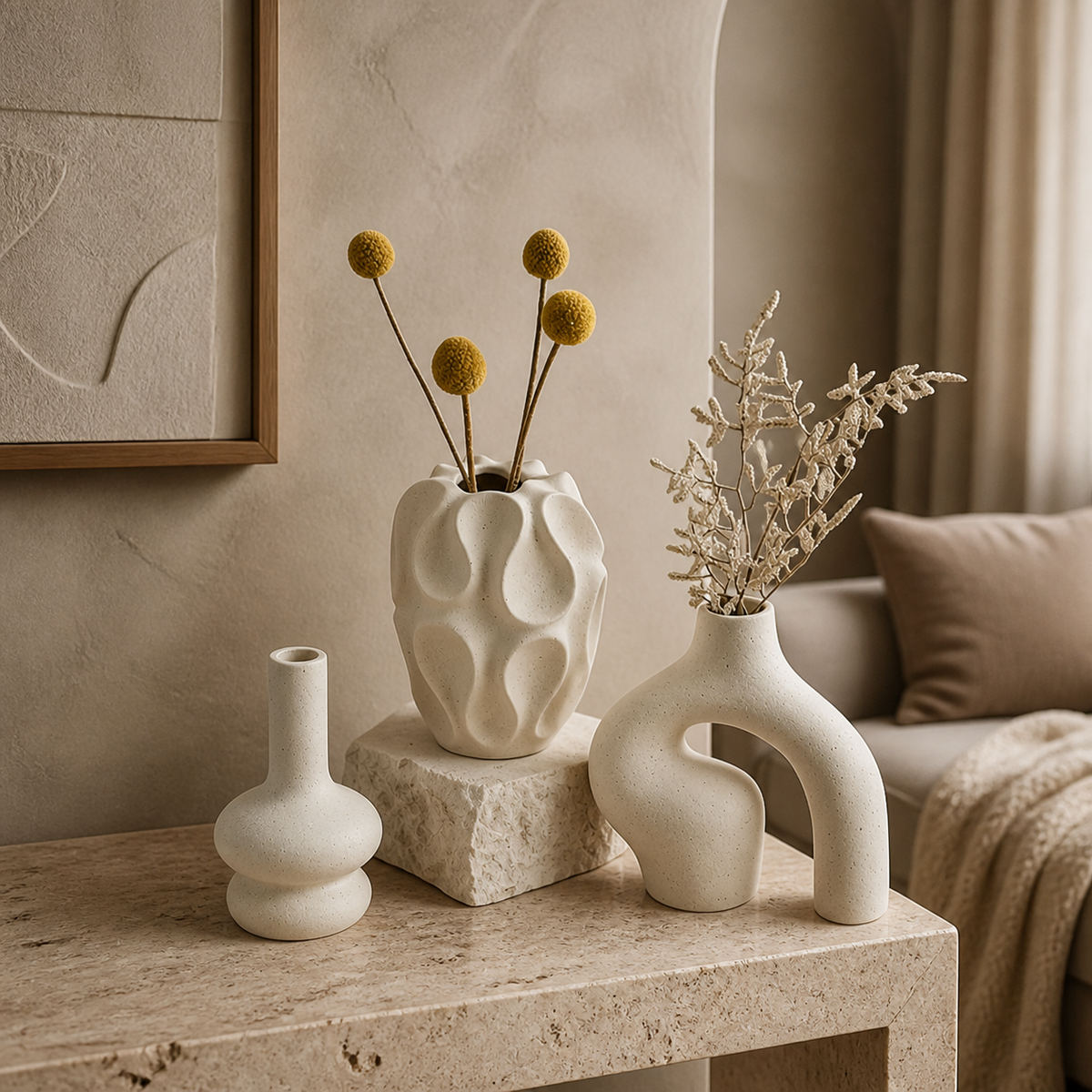 Boho vaasenset in warm greige interieur