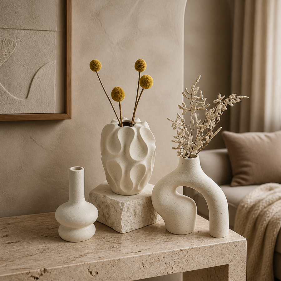 Boho vaasenset in warm greige interieur