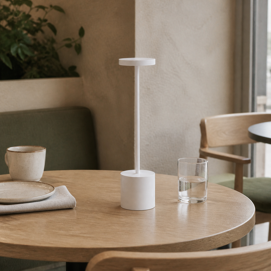 Witte draadloze LED tafellamp in een café-interieur