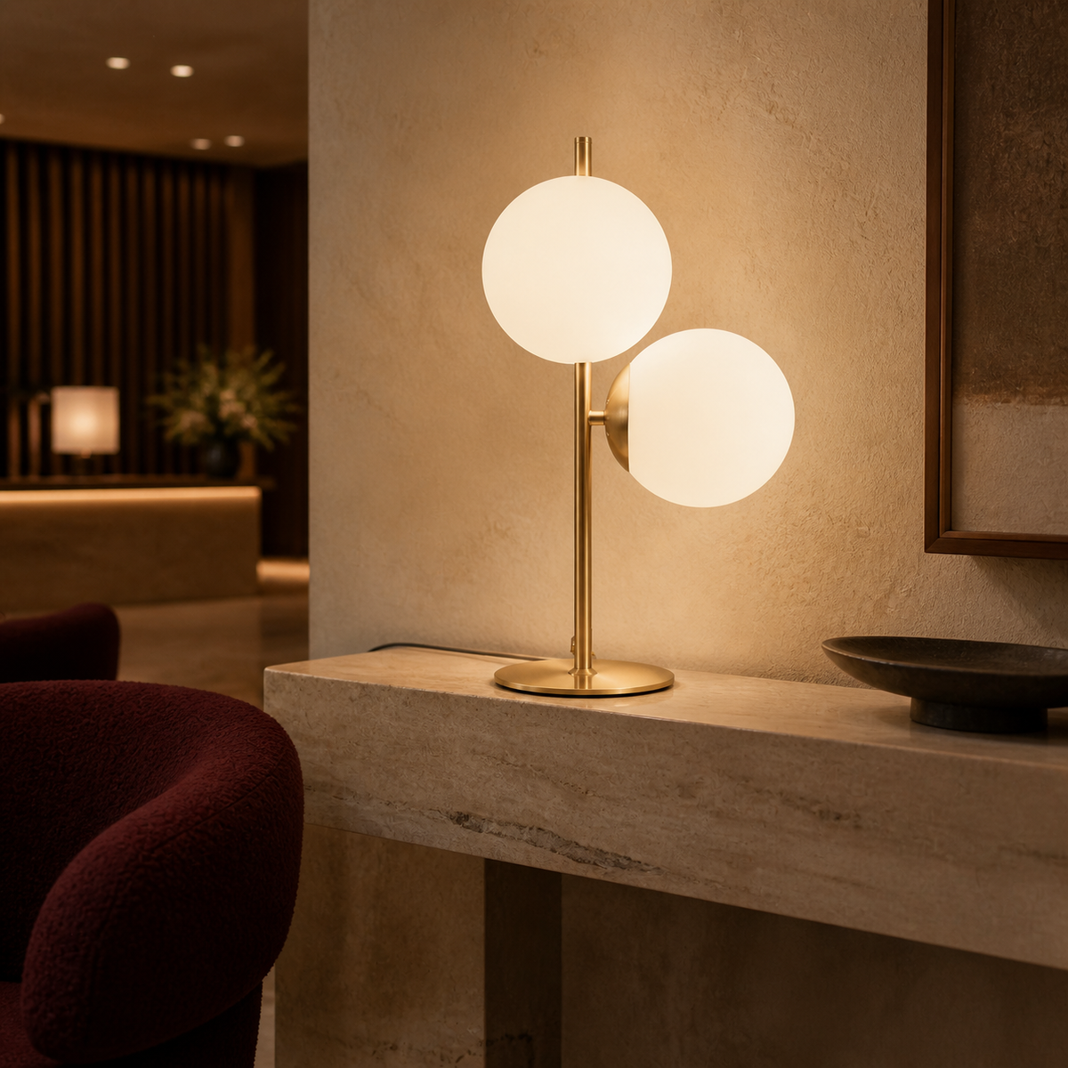 Glazen tafellamp met twee lichtbollen in hotellobby