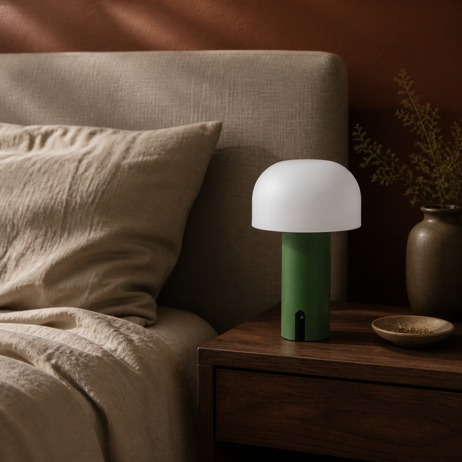 Groene oplaadbare tafellamp in slaapkamer met donkerrode accentwand
