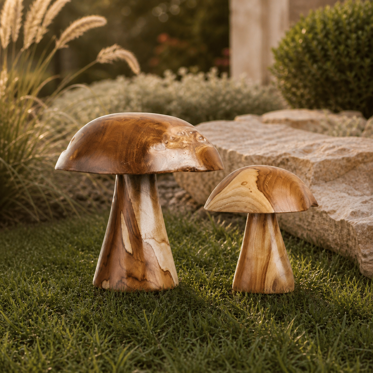 Kodi houten paddenstoelen in tuin met gras