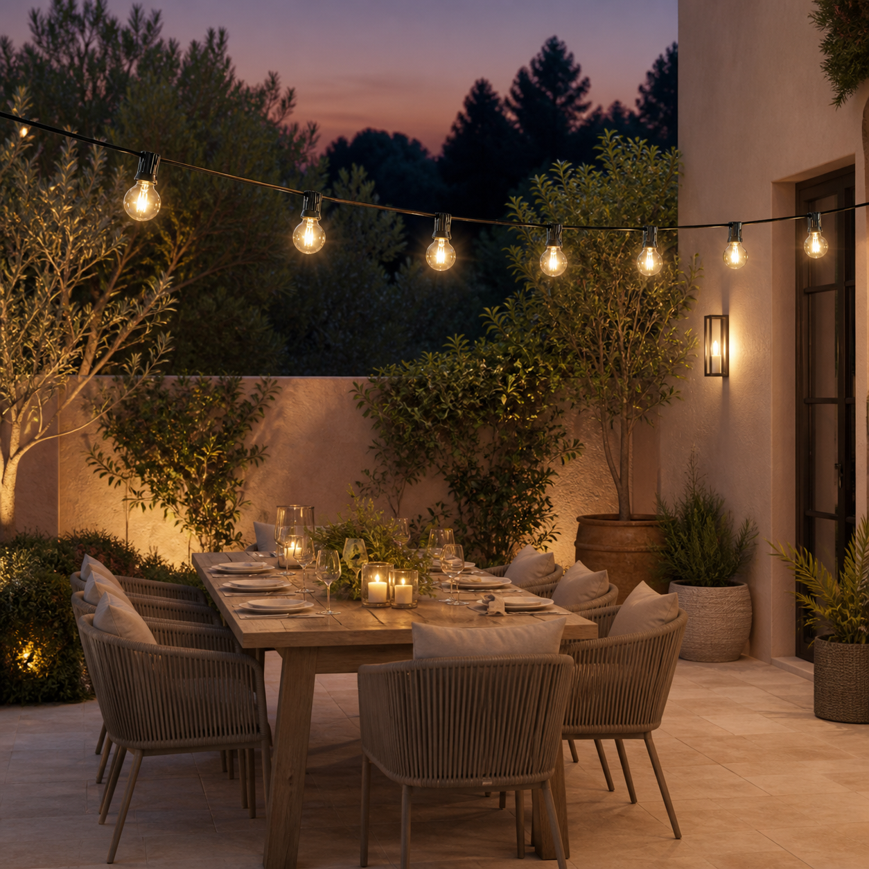 Koppelbare LED prikkabel boven tuin eettafel