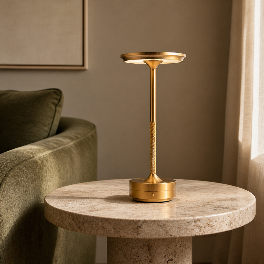 Urbanlight draadloze tafellamp op travertijn met mosgroene fauteuil