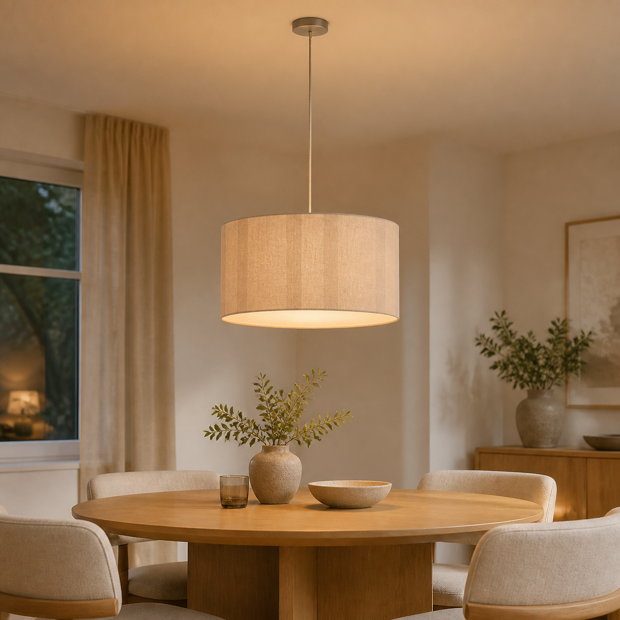 Watton linnen hanglamp boven eettafel