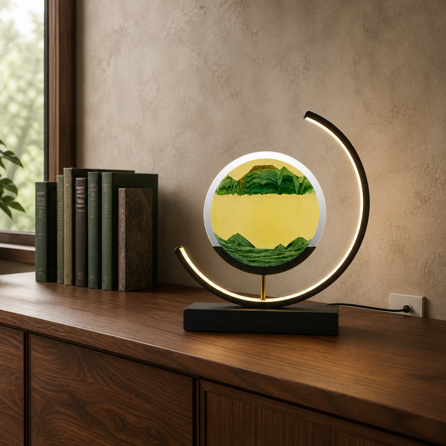 Zandkunst LED tafellamp in warme studeerkamer